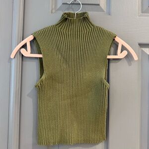 Zara Olive Green Ribbed Sleeveless Mock Neck Tank